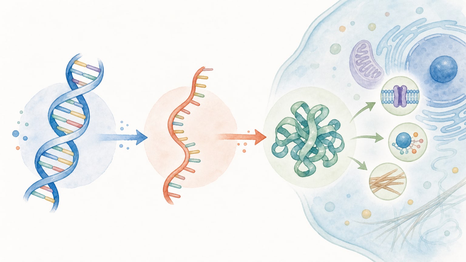 DNAからRNAを経てタンパク質へ情報が流れ、細胞機能につながる様子を示す教材イラスト
