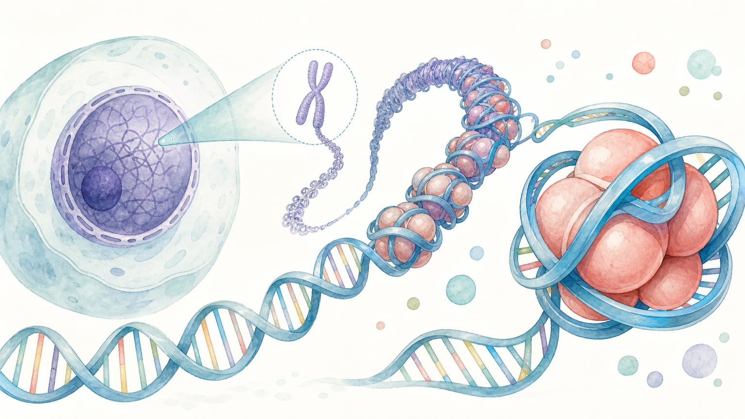 長いDNAがヒストンに巻きつきクロマチンとして核内に整理される様子を示す教材イラスト