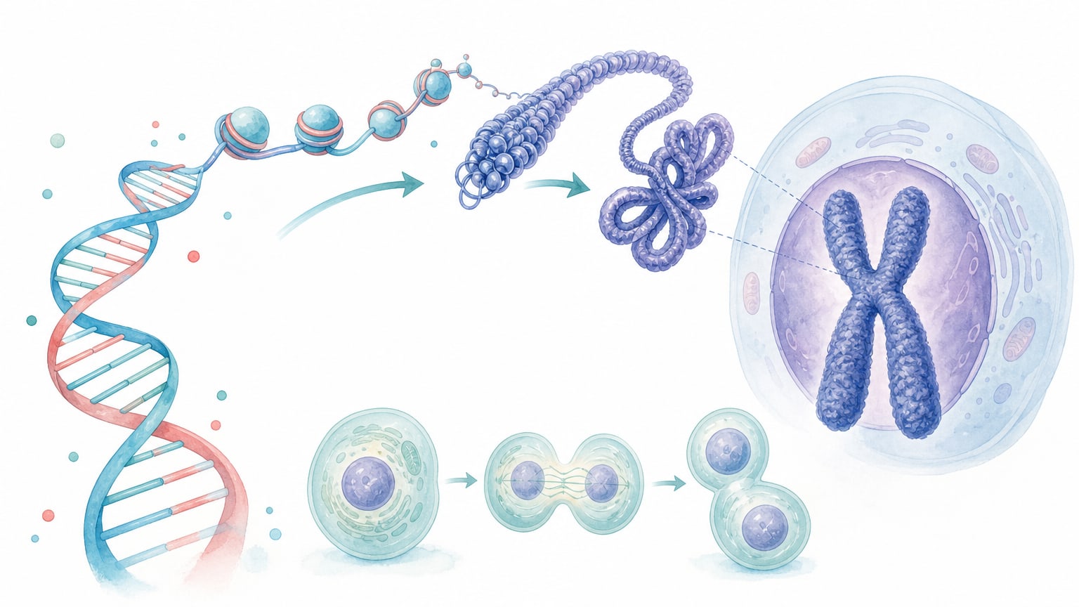 DNAがヒストンに巻きつき、クロマチンを経て凝縮した染色体になる様子を示す教材イラスト