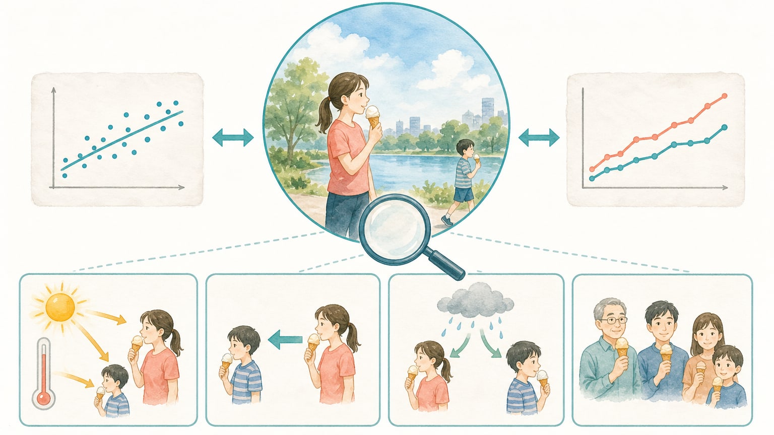 2つの変数が一緒に変化していても、直接因果、逆向き因果、第三の要因など複数の説明があり得ることを示す概念図
