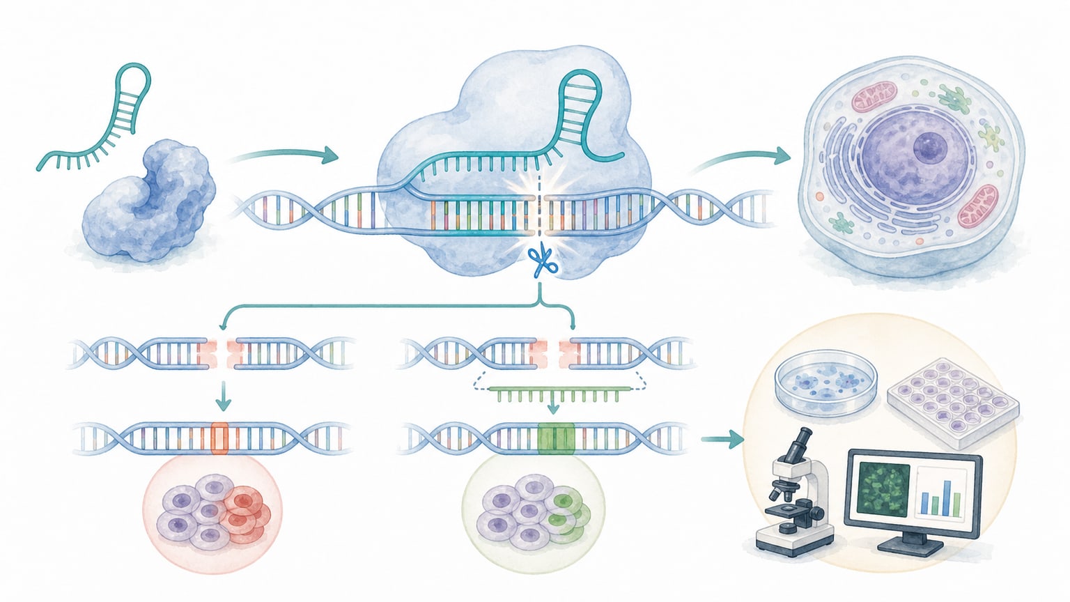 ガイドRNAがCas9を標的DNAへ導き、遺伝子機能を調べる実験につながることを示す教材イラスト