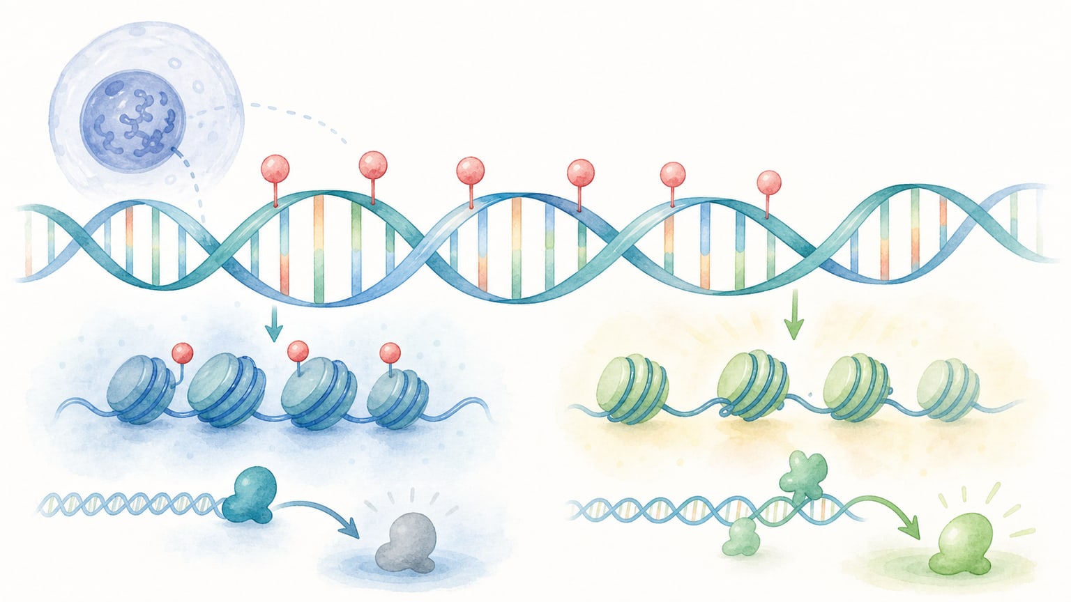 DNAの一部に小さな化学的な目印が付き周辺の遺伝子の読み出しやすさが変わる様子を示す教材イラスト