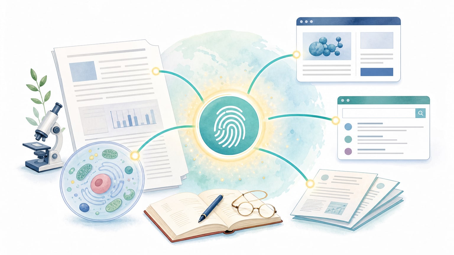 DOIが論文、出版社ページ、PubMed、引用情報をつなぐ識別子であることを示す概念図