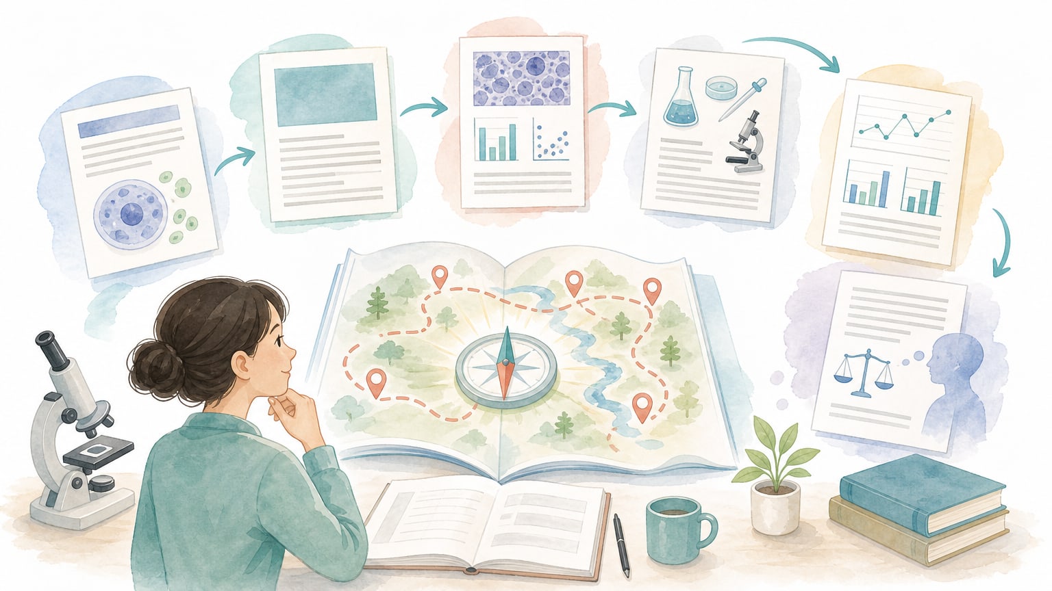 論文の初回読みでTitle、Abstract、Figure、Results、Methods、Discussionを順に確認する概念図