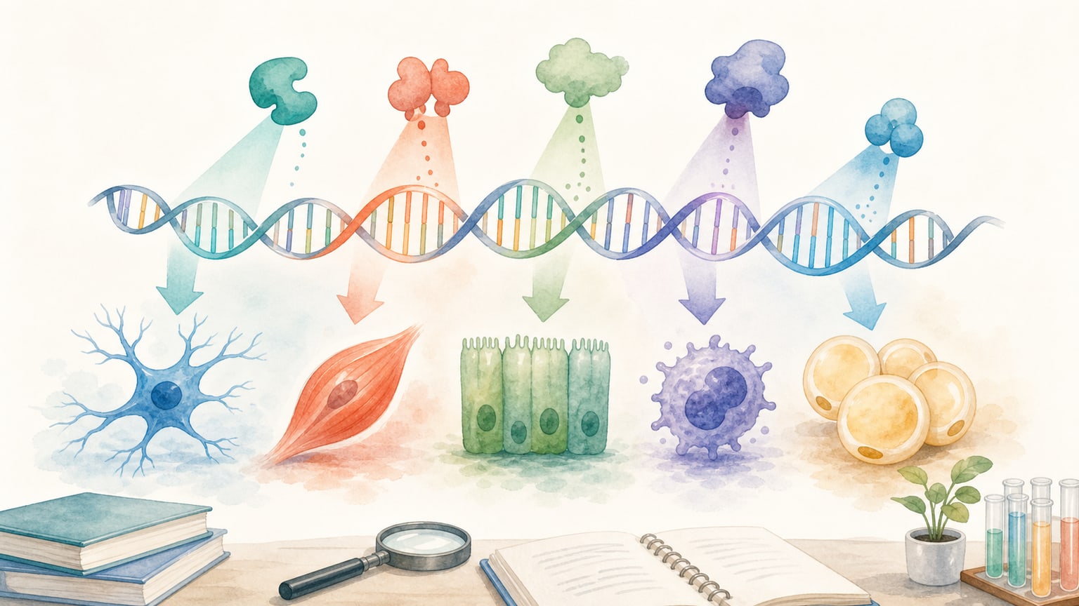 同じDNAから状況に応じて異なる遺伝子が読み出される様子を示す教材イラスト
