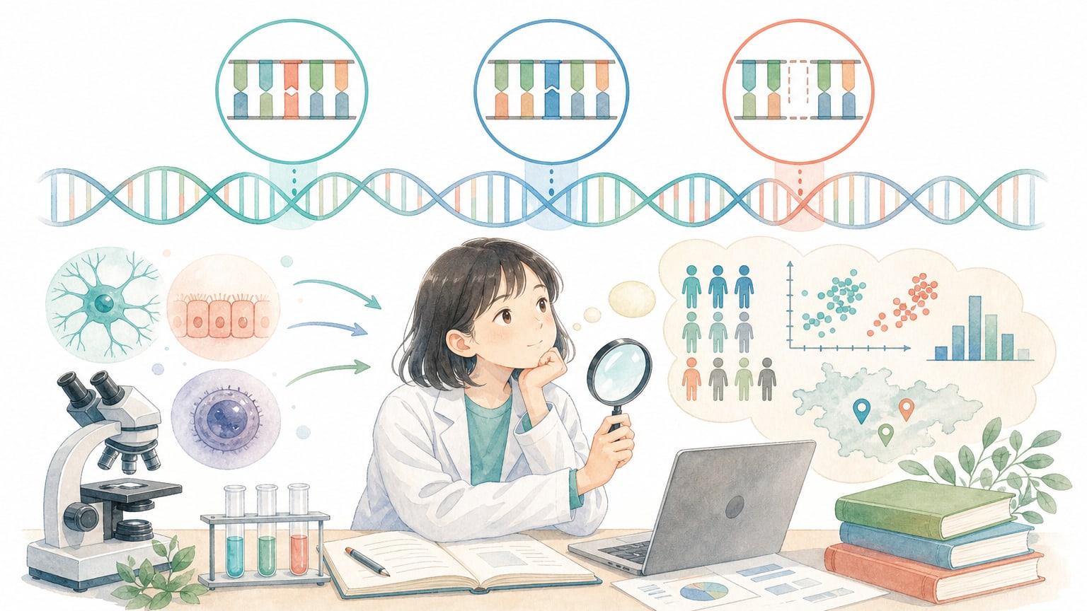 似たDNA配列の間に置換、挿入、欠失の違いがあり、周囲の情報と合わせて解釈する様子を示す教材イラスト