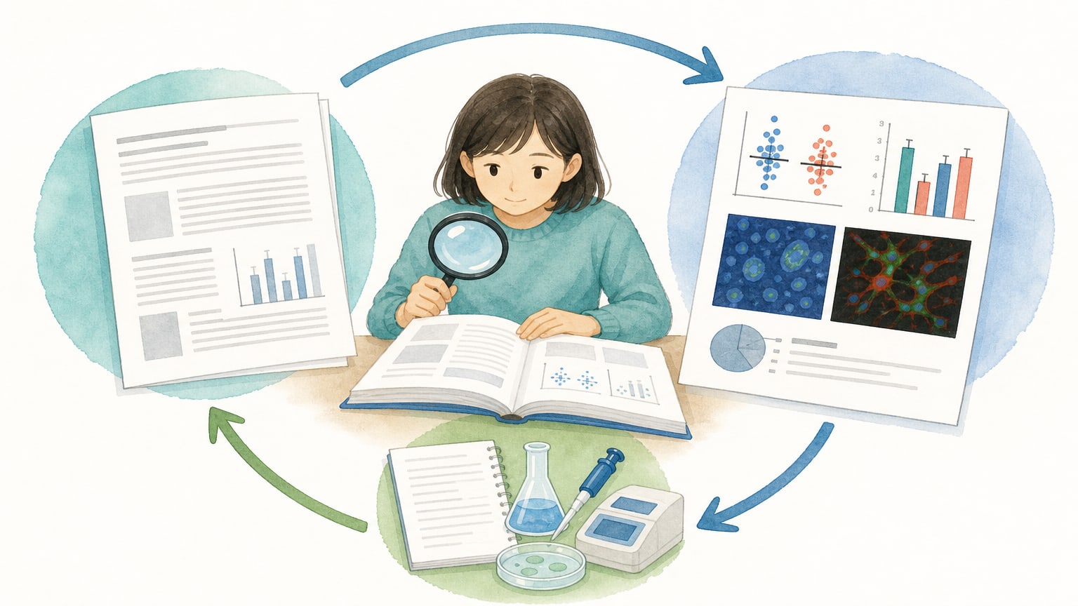 Results本文、Figure、Methodsを行き来して証拠を確認する流れを示す概念図