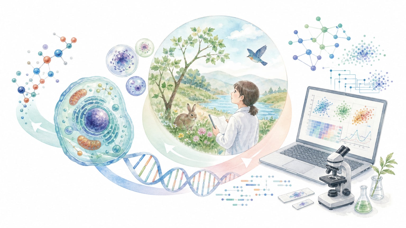 分子、細胞、ゲノム、データ解析がつながる生命科学の全体像を示す教材イラスト