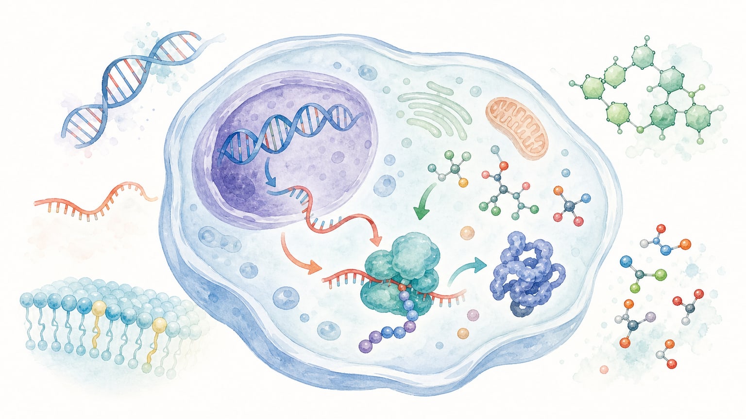 DNA、RNA、タンパク質、小さな代謝物などの分子が細胞内で役割を分担している様子を示す教材イラスト
