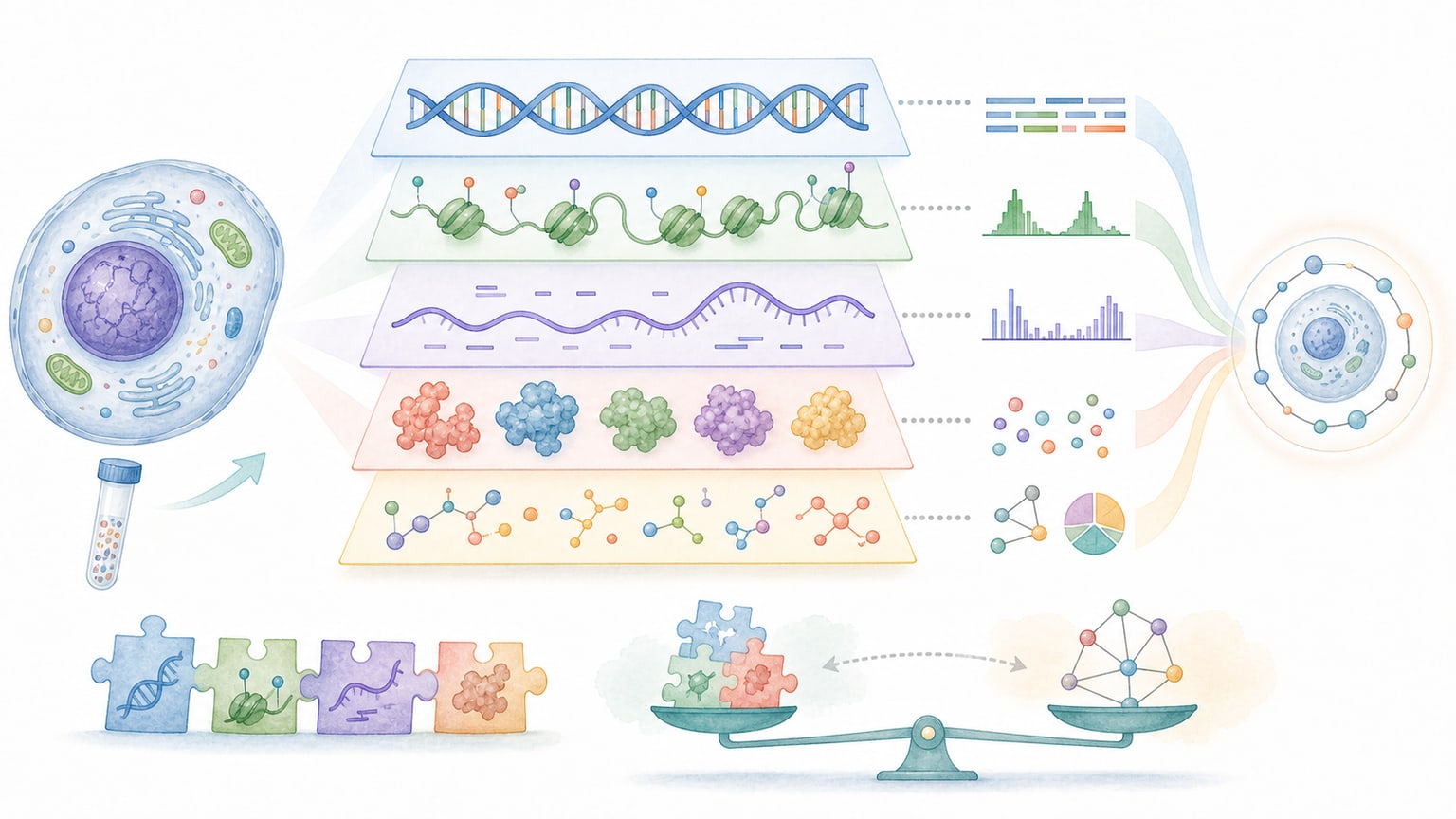 同じサンプルからゲノム、エピゲノム、RNA、タンパク質、代謝物の複数のデータ層が重なり、統合された解釈へつながる様子を示す教材イラスト