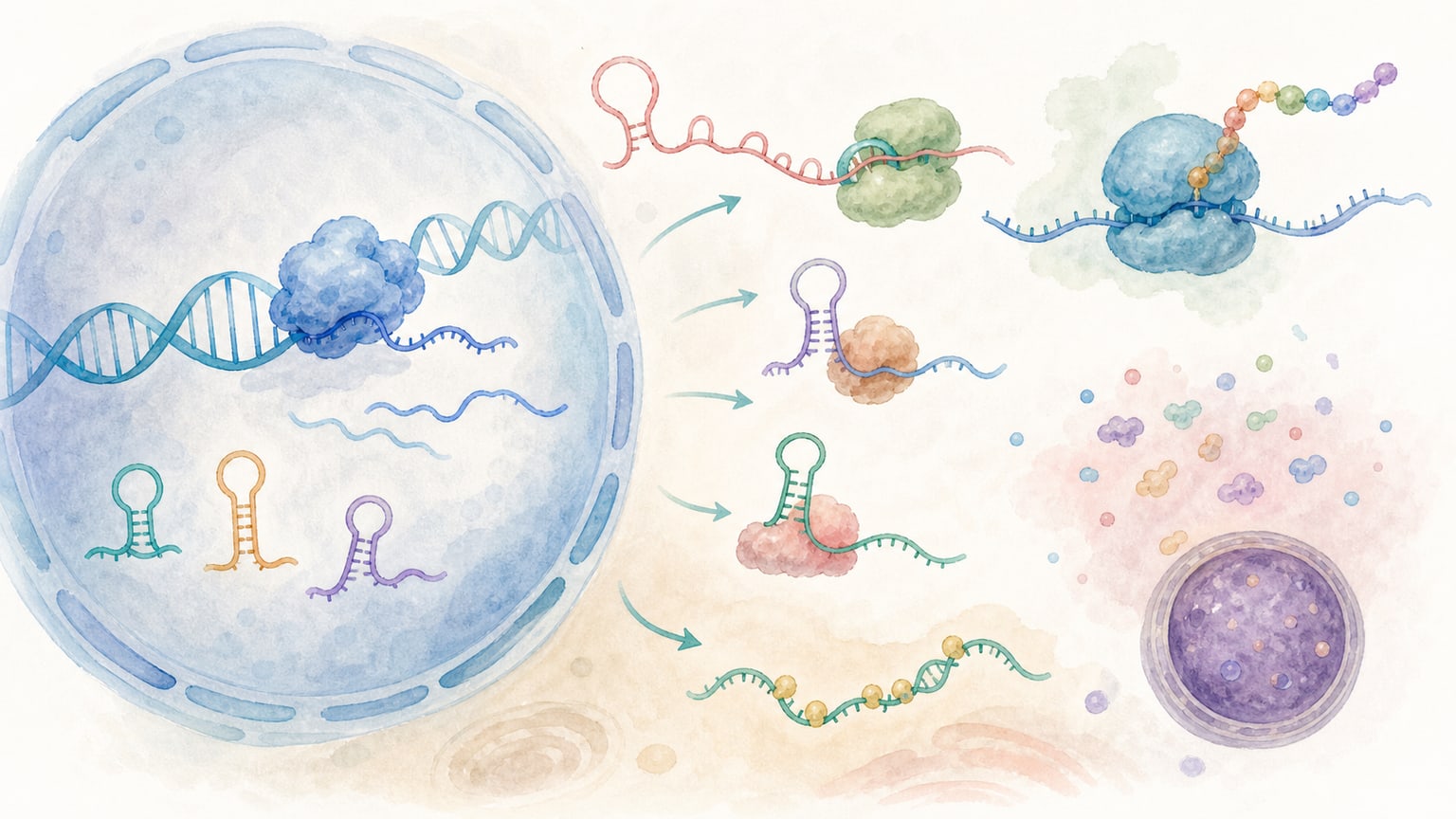mRNAとは別に複数の機能的なRNAが細胞内で働く様子を示す教材イラスト