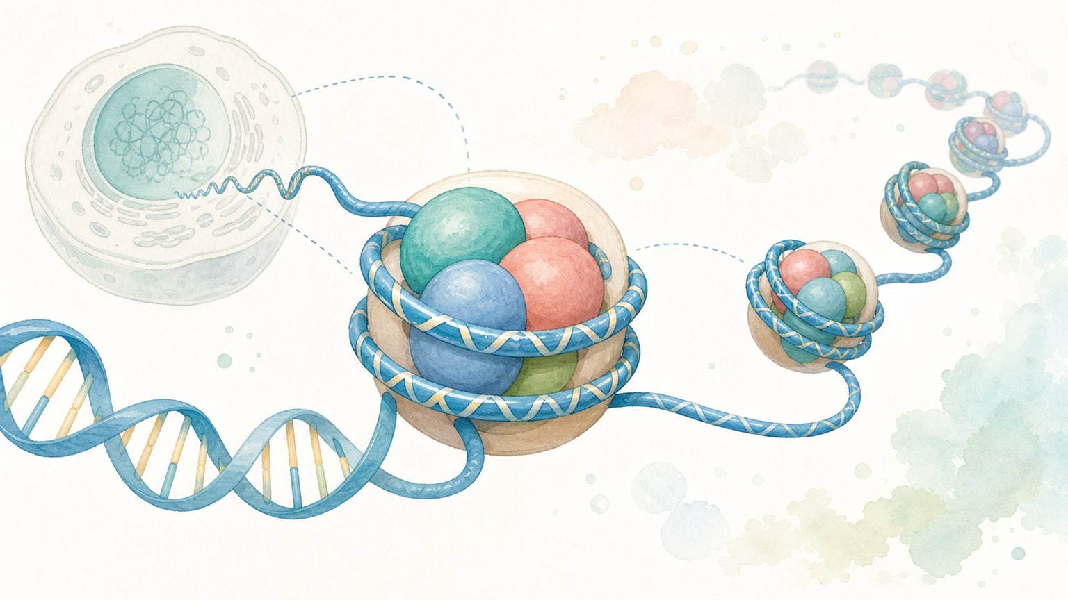 DNAのひもがヒストンの粒に巻きつきヌクレオソームを作る様子を示す教材イラスト