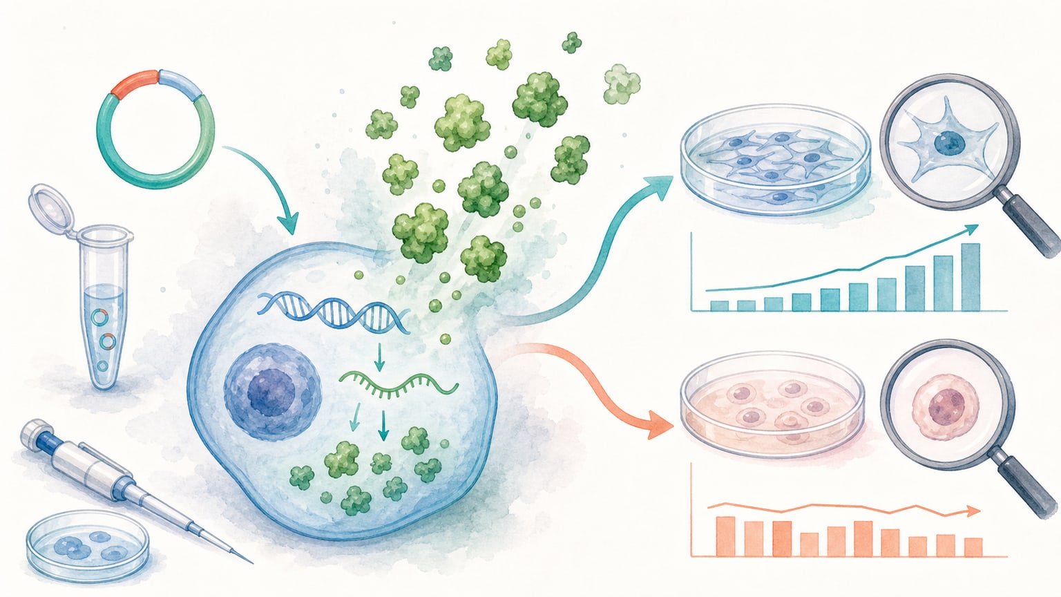 プラスミドなどで特定遺伝子を多く発現させ、対照細胞と表現型を比較する過剰発現実験の概念図