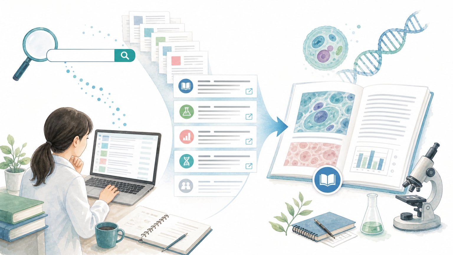 PubMedでキーワード検索、検索結果、TitleとAbstract、本文リンクへ進む流れを示す概念図