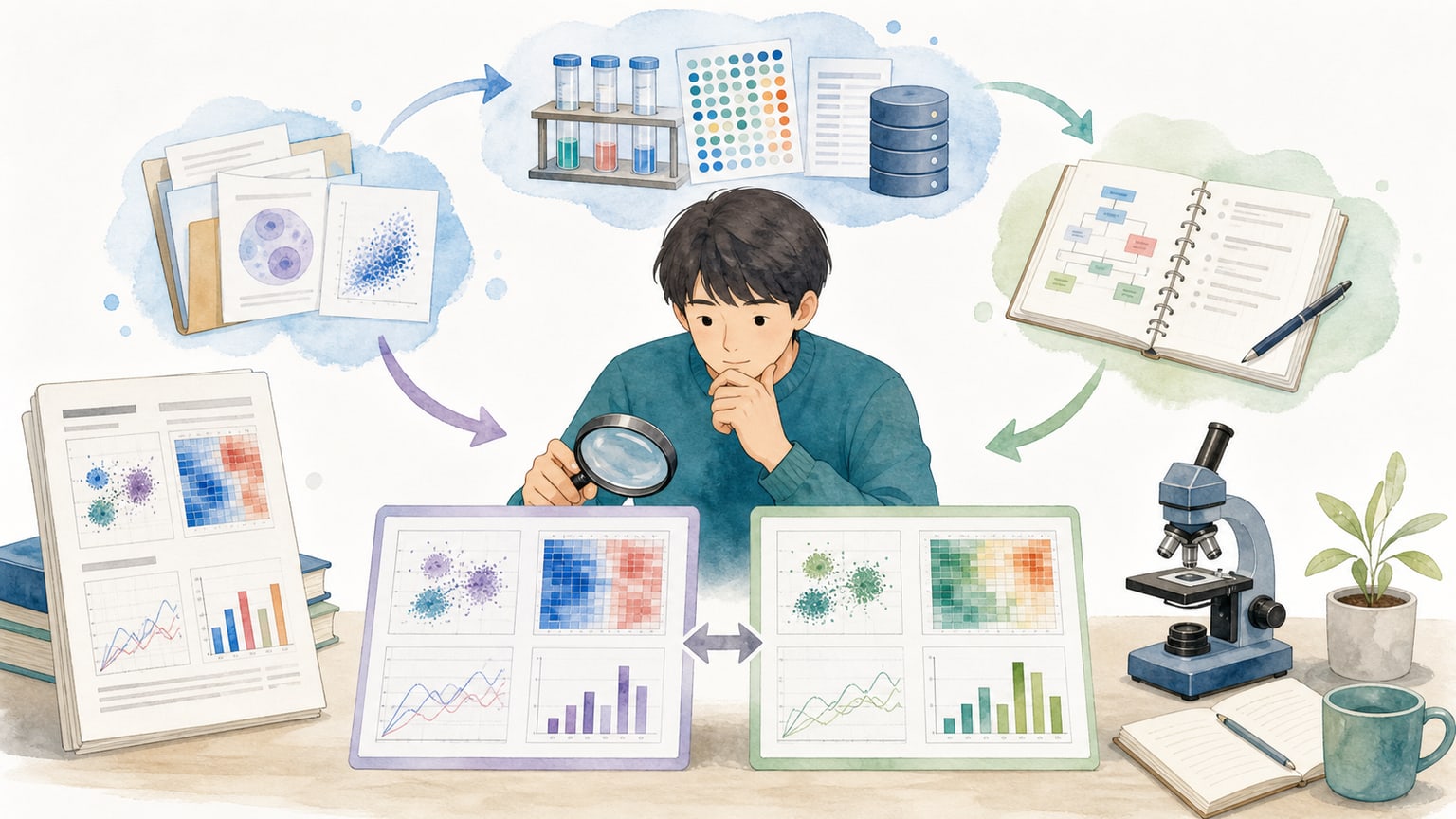 公開データ、メタデータ、解析ノートブックを見直し、元の図と新しい確認結果を並べて考える教材イラスト