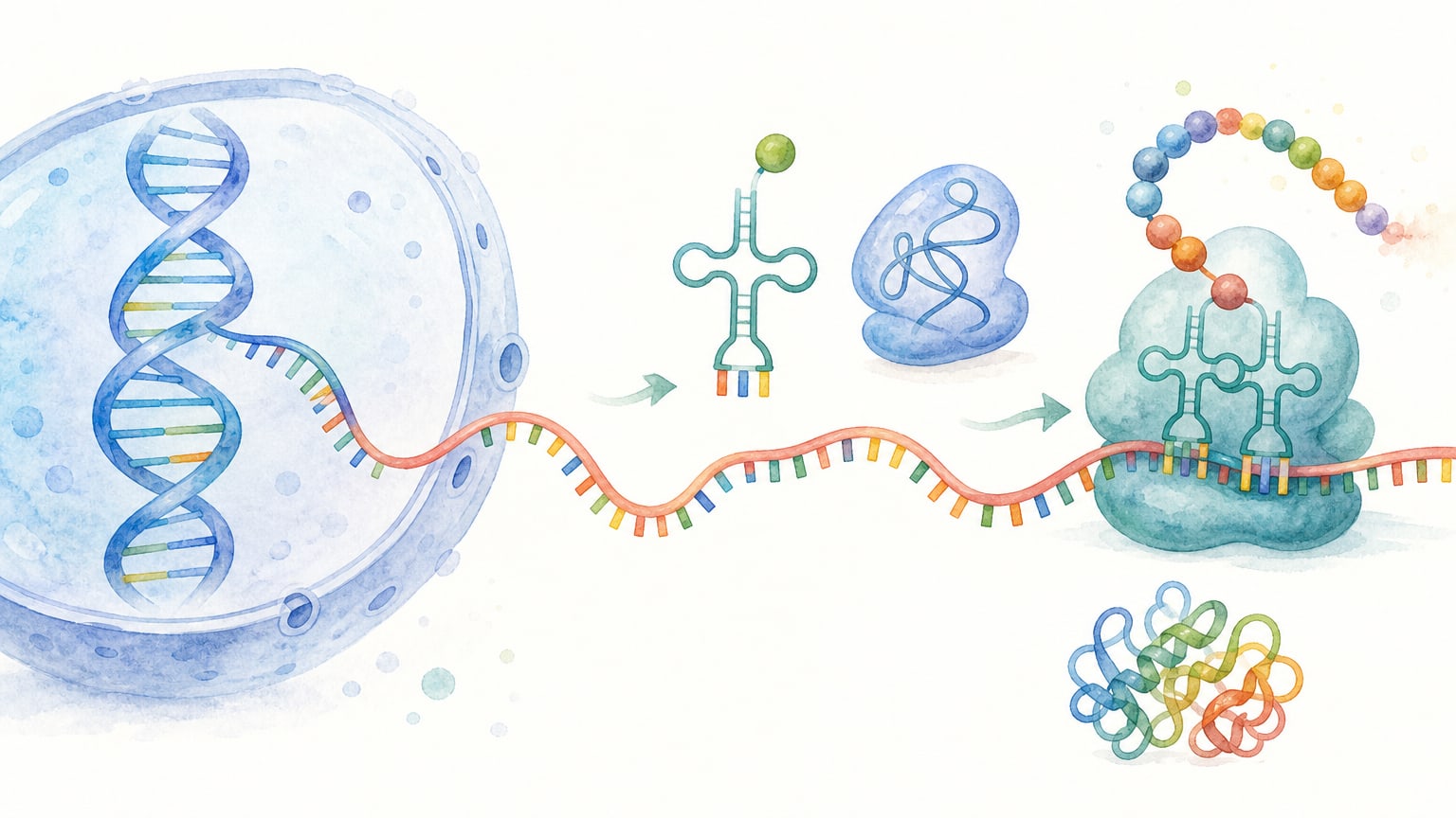 DNAから作られたRNAが情報を運び、タンパク質合成を支える様子を示す教材イラスト