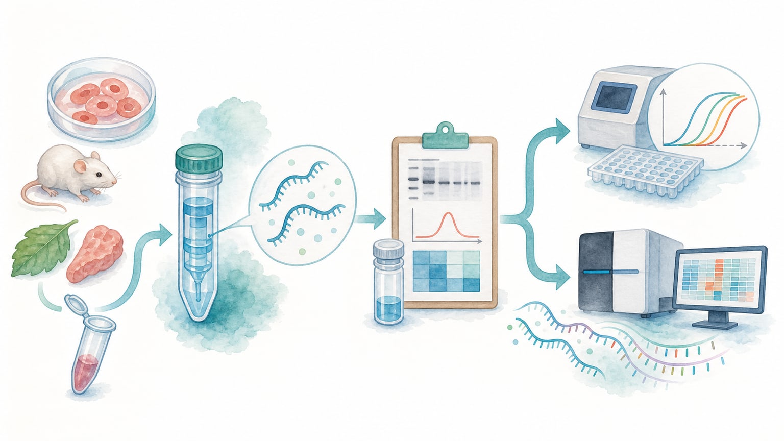 細胞や組織からRNAを取り出し、品質確認を経てRT-qPCRやRNA-seqへ進む流れを示す教材イラスト