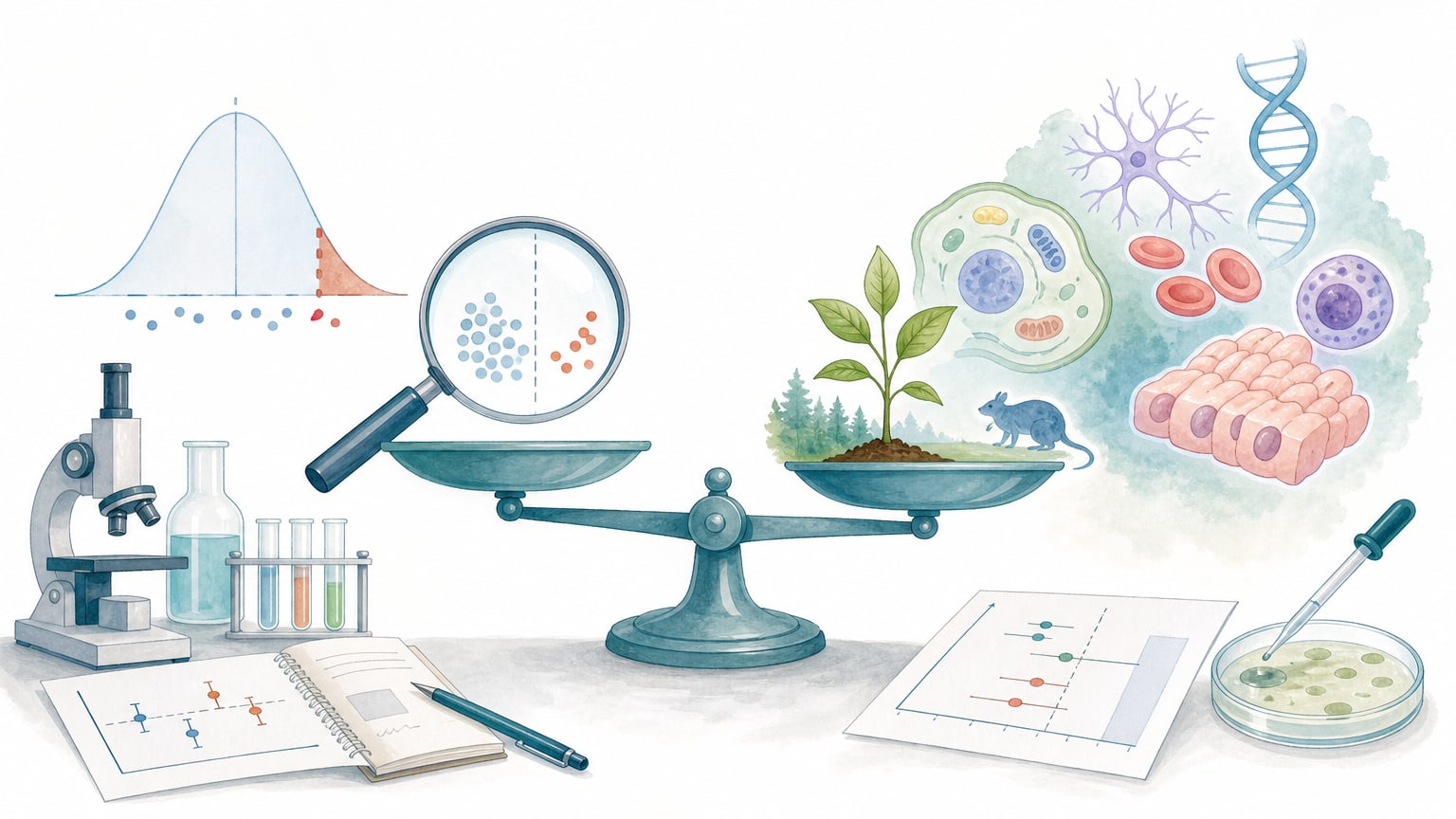 p値の小ささと差の大きさを別の軸として示し、統計的有意性と生物学的重要性を分けて考える概念図
