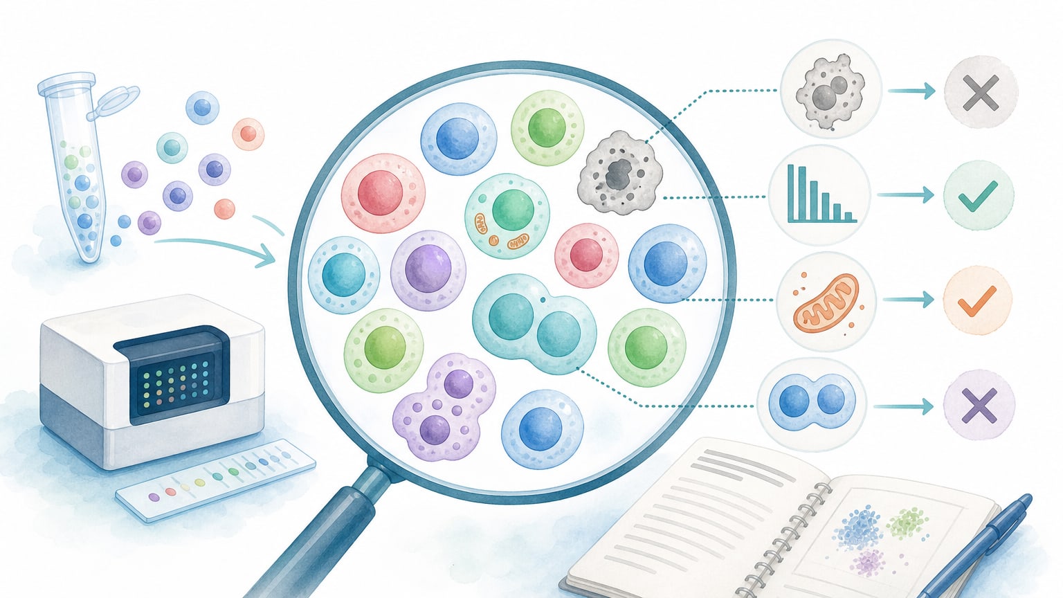 single-cell QCで低品質細胞、検出遺伝子数、ミトコンドリア比率、doubletを確認する概念図