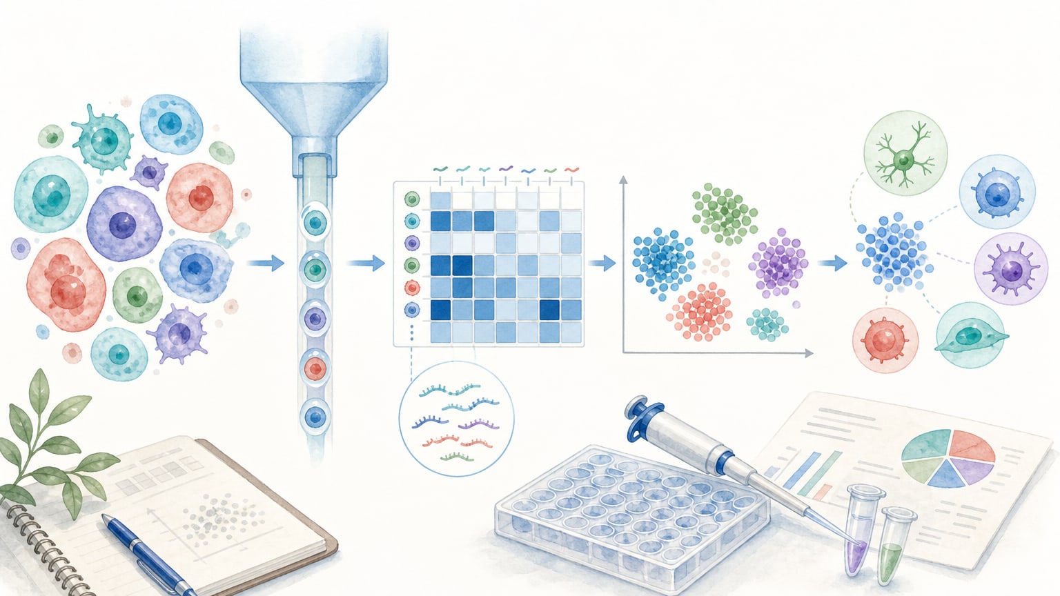 多数の細胞を1細胞ごとの発現量行列に変換し、UMAPやクラスタとして整理するsingle-cell RNA-seqの概念図