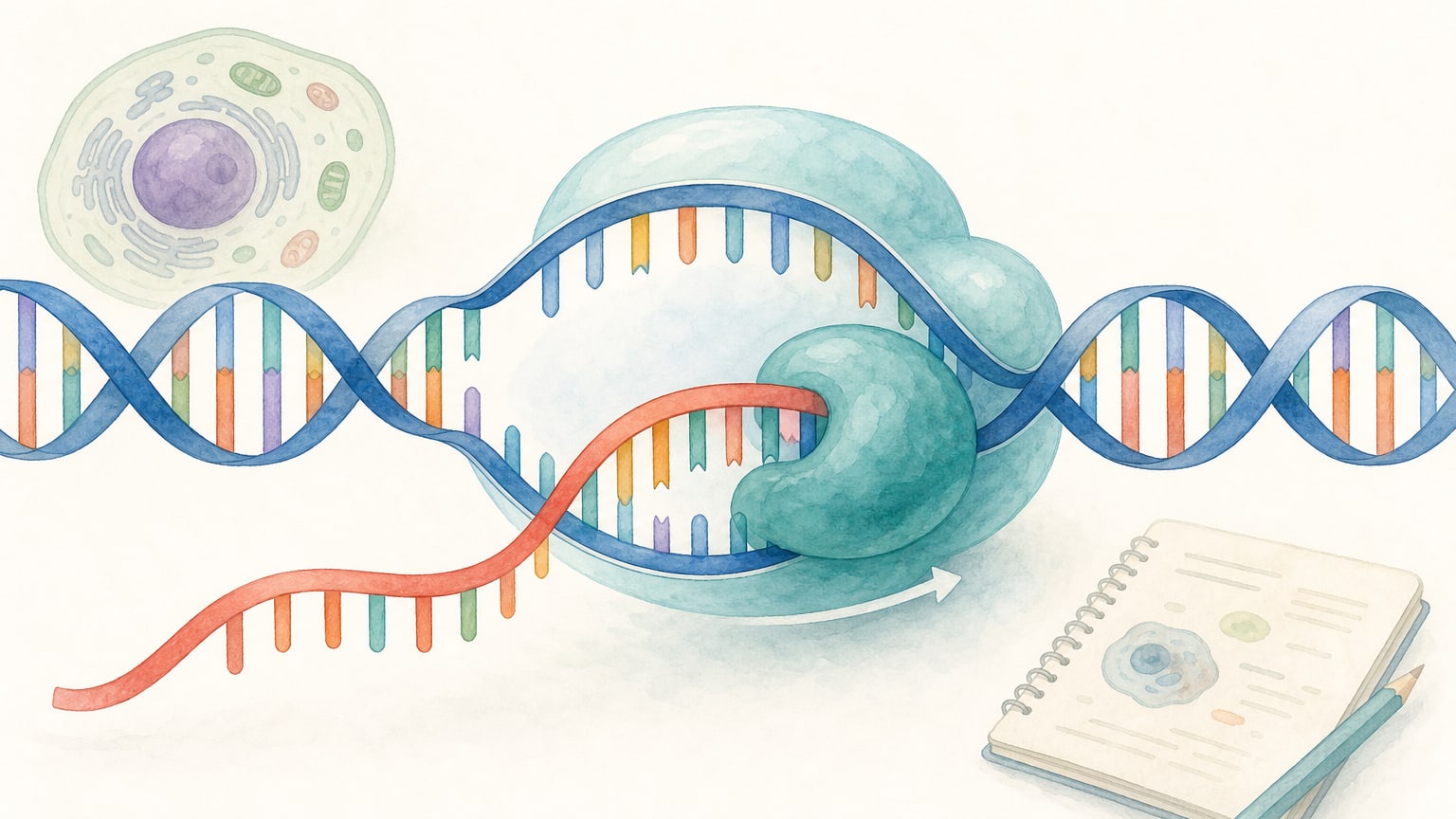 DNAの一部がほどけ、RNAポリメラーゼがRNA鎖を合成する様子を示す教材イラスト