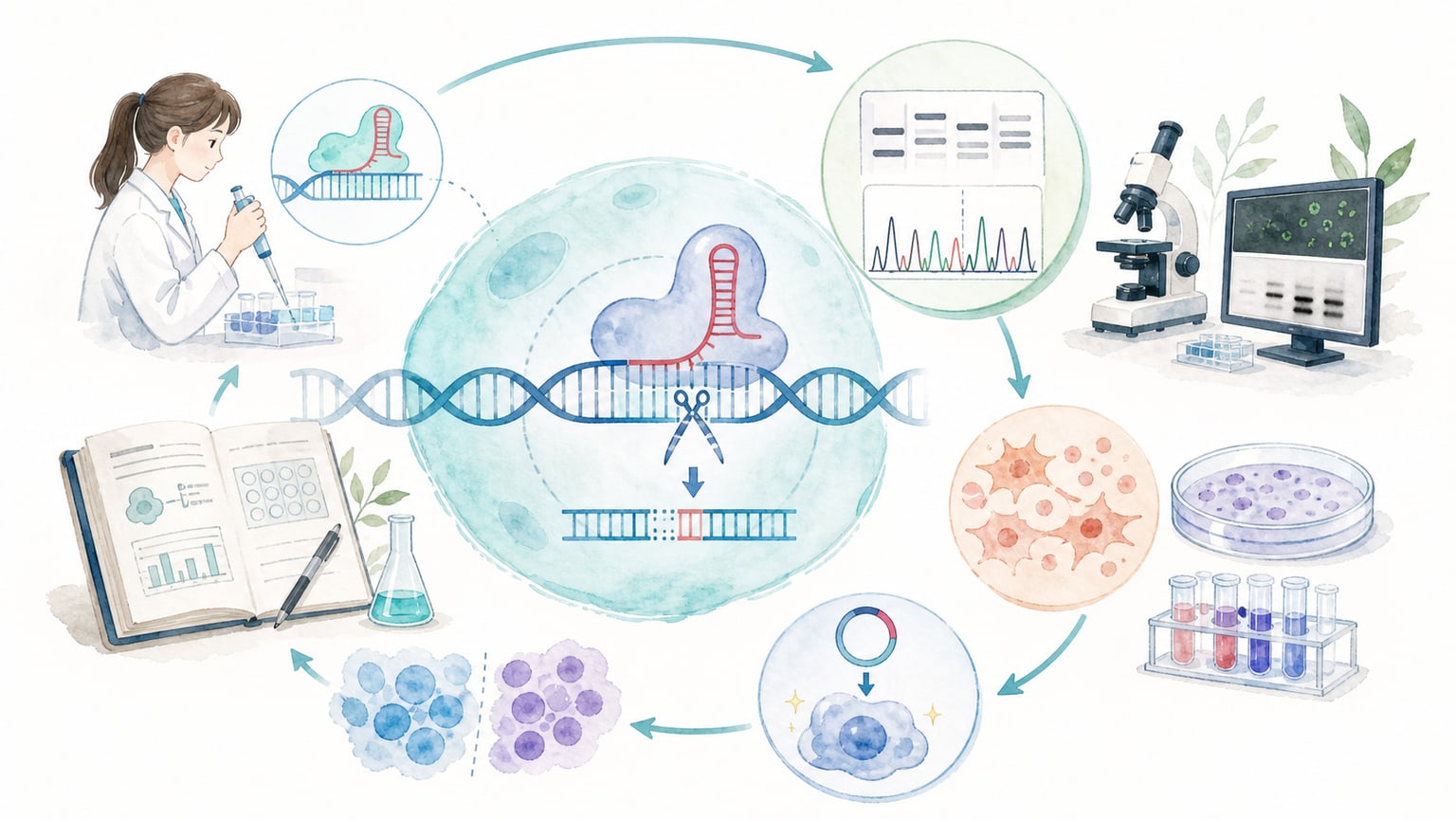 CRISPR論文でガイドRNA、Cas9、編集確認、タンパク質確認、表現型、レスキュー実験、Methodsを順に確認する概念図